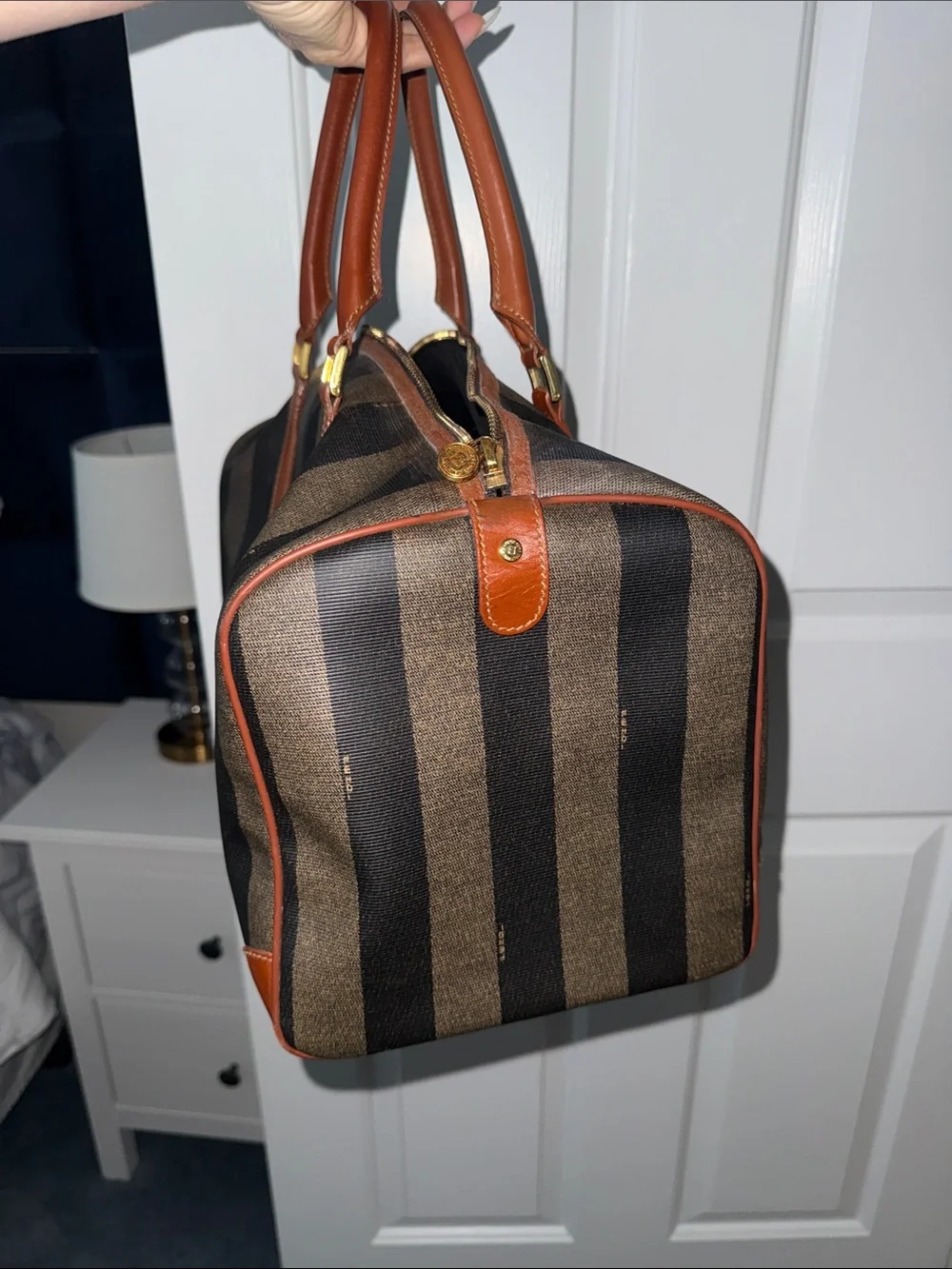 Fendi Vintage Pequin Brown & Dark Brown Striped Canvas Duffel with Leather Trim